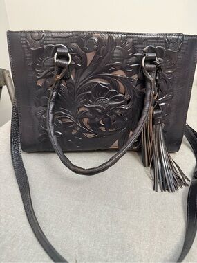 Hand-Tooled Floral Leather Tote Bag in Dark Blue